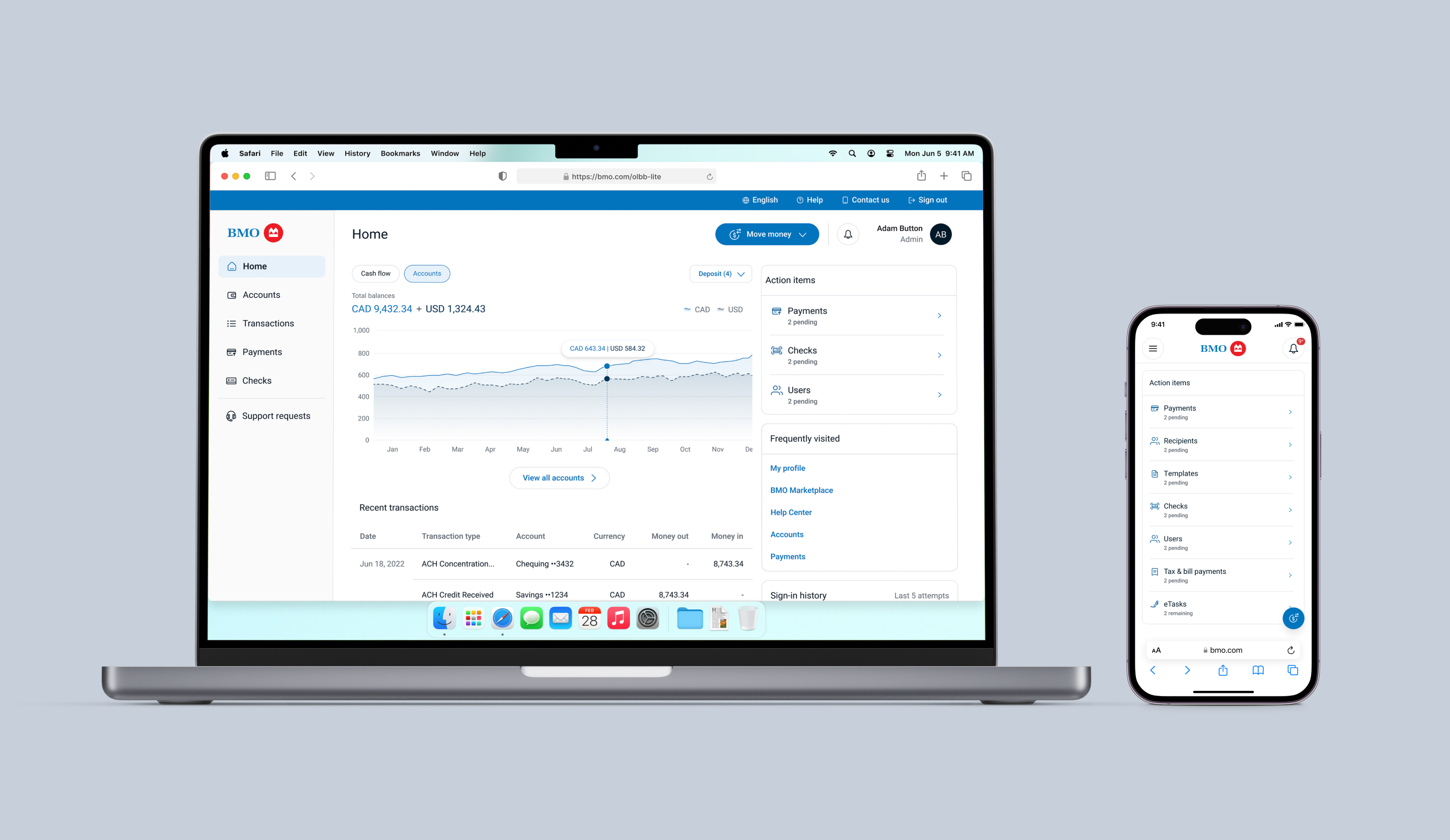 BMO Online Business Banking dashboard interface