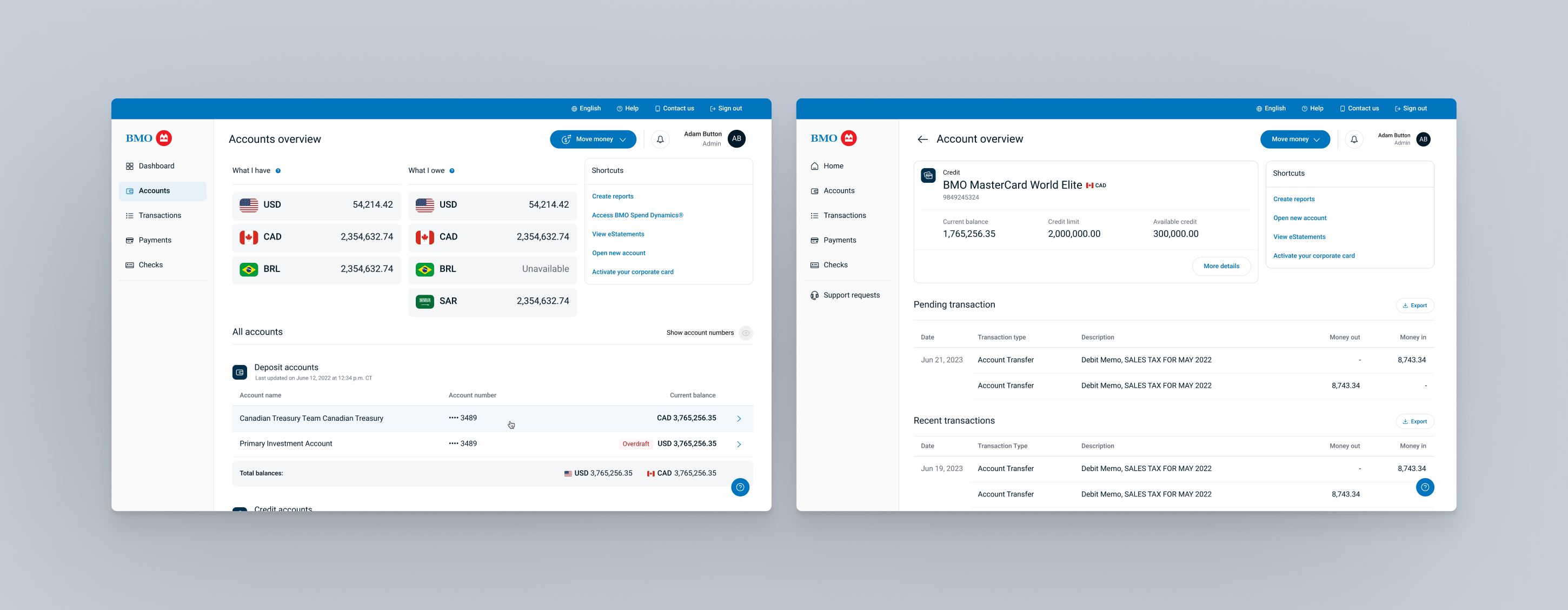 BMO Online Business Banking full platform view